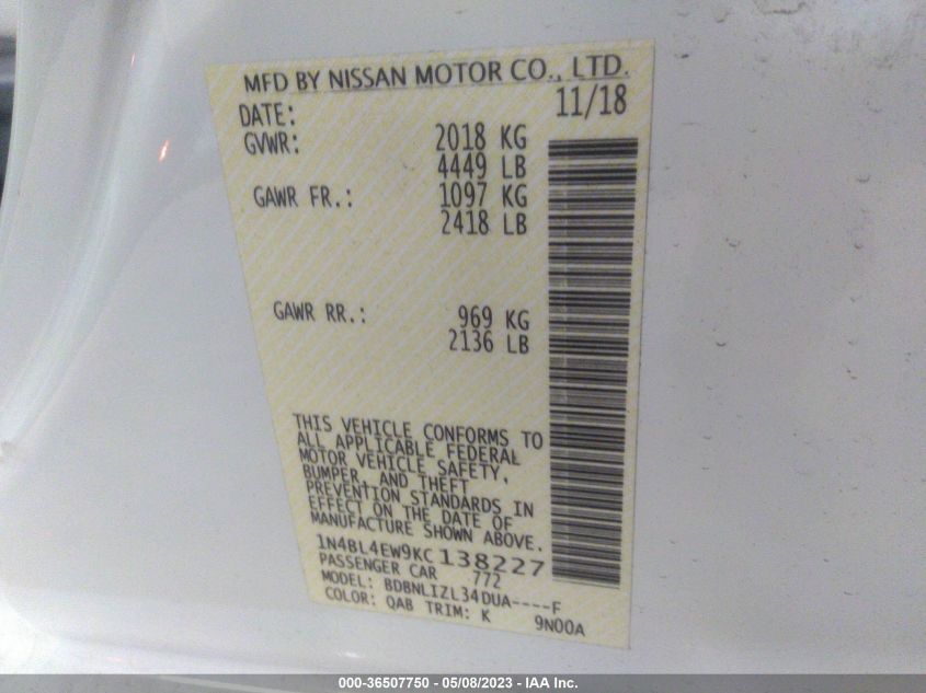 2019 NISSAN ALTIMA 2.5 SL - 1N4BL4EW9KC138227