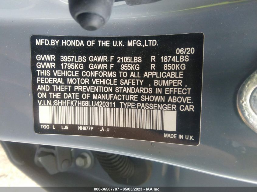 2020 HONDA CIVIC HATCHBACK EX - SHHFK7H68LU420311