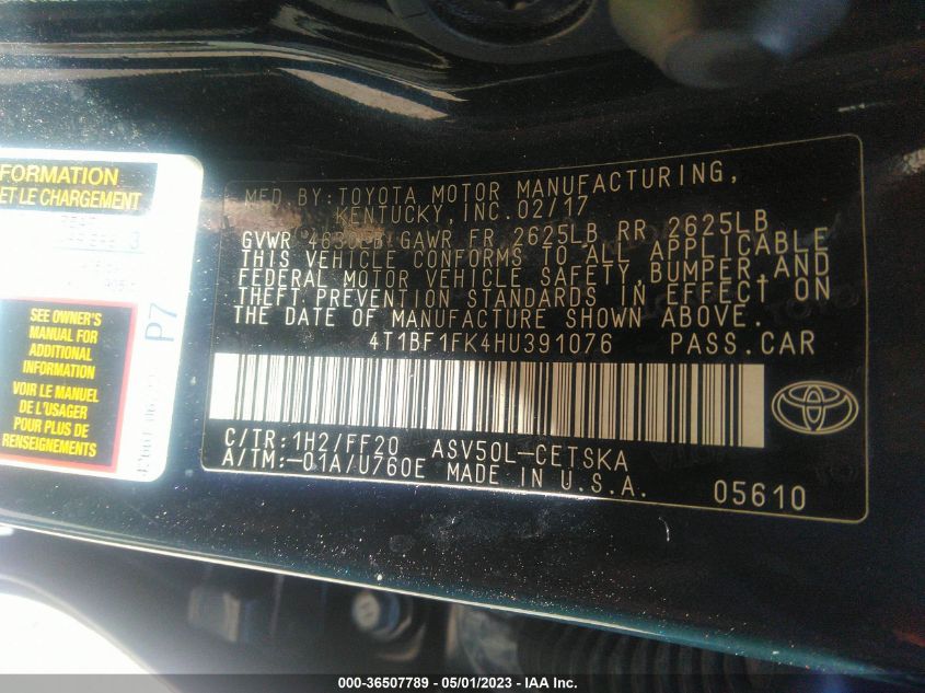 2017 TOYOTA CAMRY XLE/SE/LE/XSE - 4T1BF1FK4HU391076