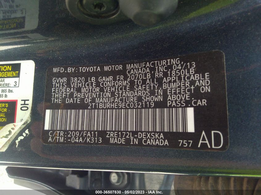 2014 TOYOTA COROLLA L/LE/S/S PLUS/LE PLUS - 2T1BURHE9EC032119