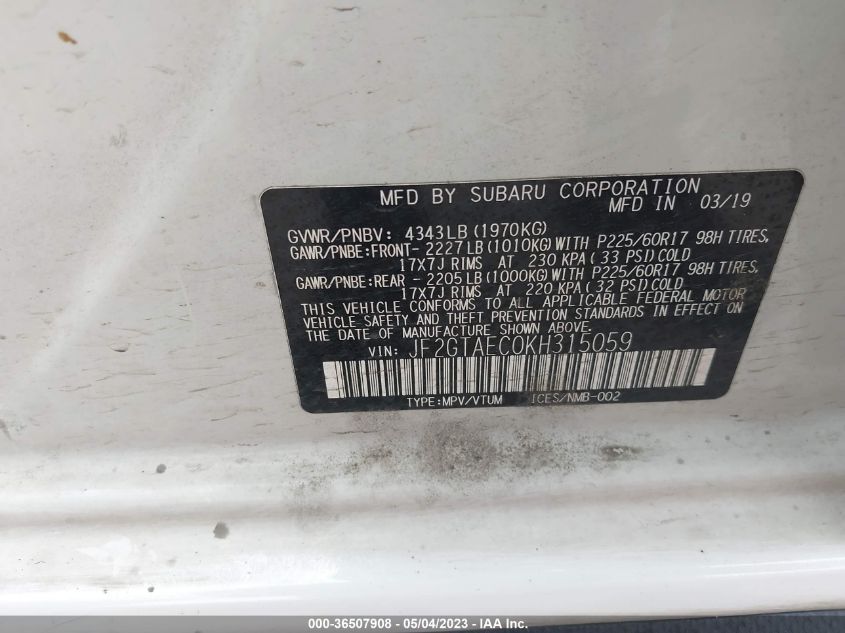 2019 SUBARU CROSSTREK PREMIUM - JF2GTAEC0KH315059