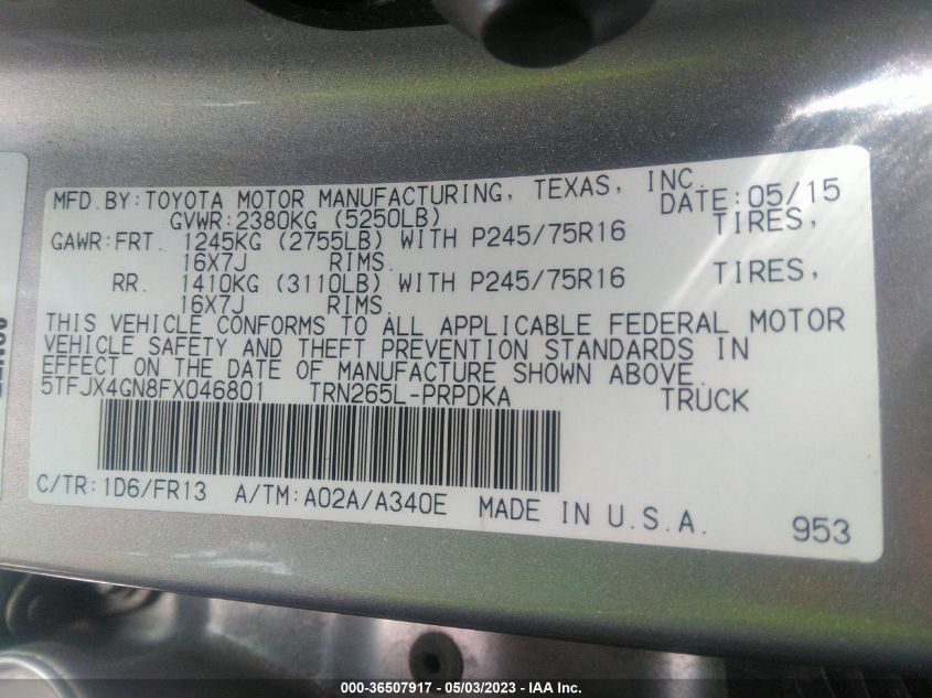 2015 TOYOTA TACOMA PRERUNNER - 5TFJX4GN8FX046801