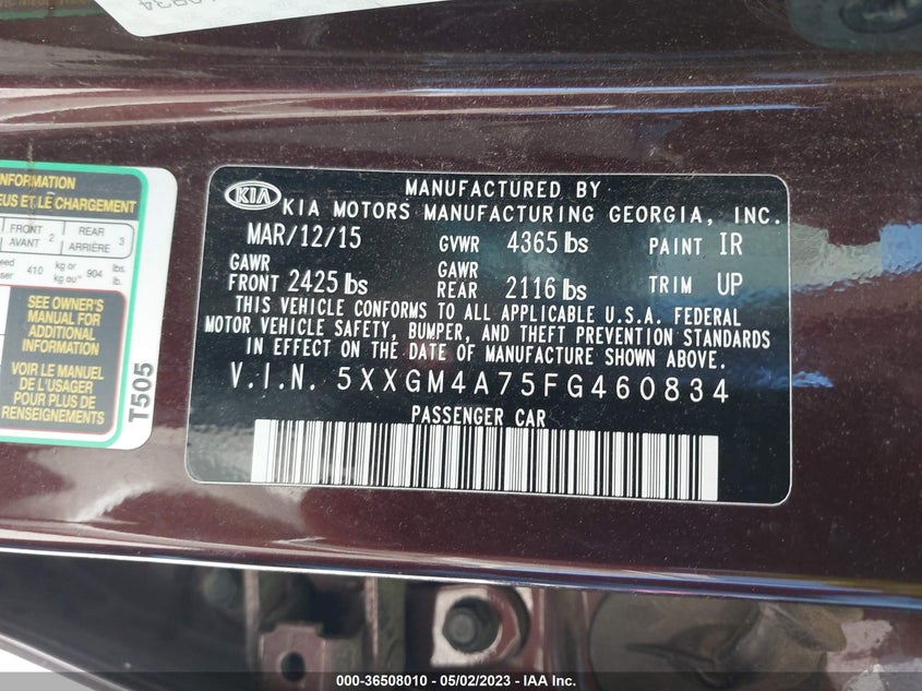 KIA OPTIMA 2015 VIN 5XXGM4A75FG460834