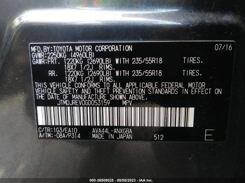 2016 TOYOTA RAV4 HYBRID LIMITED JTMDJREV0GD053159
