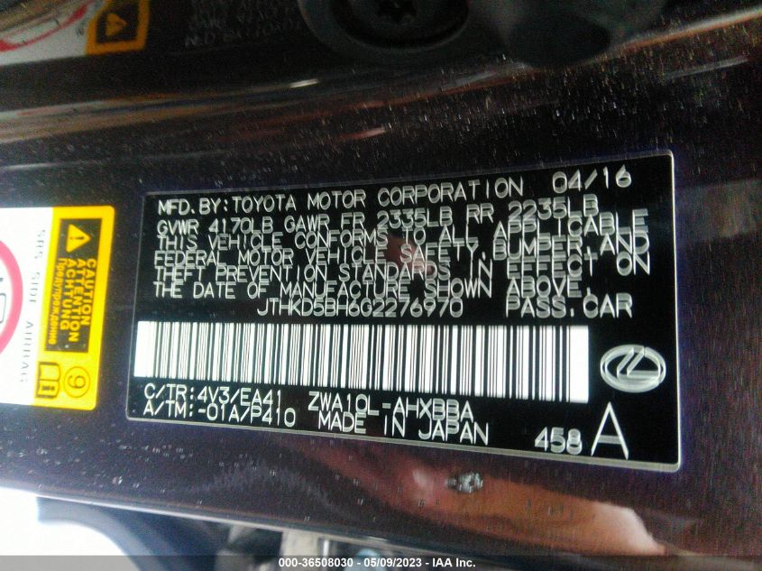 2016 LEXUS CT 200H HYBRID - JTHKD5BH6G2276970