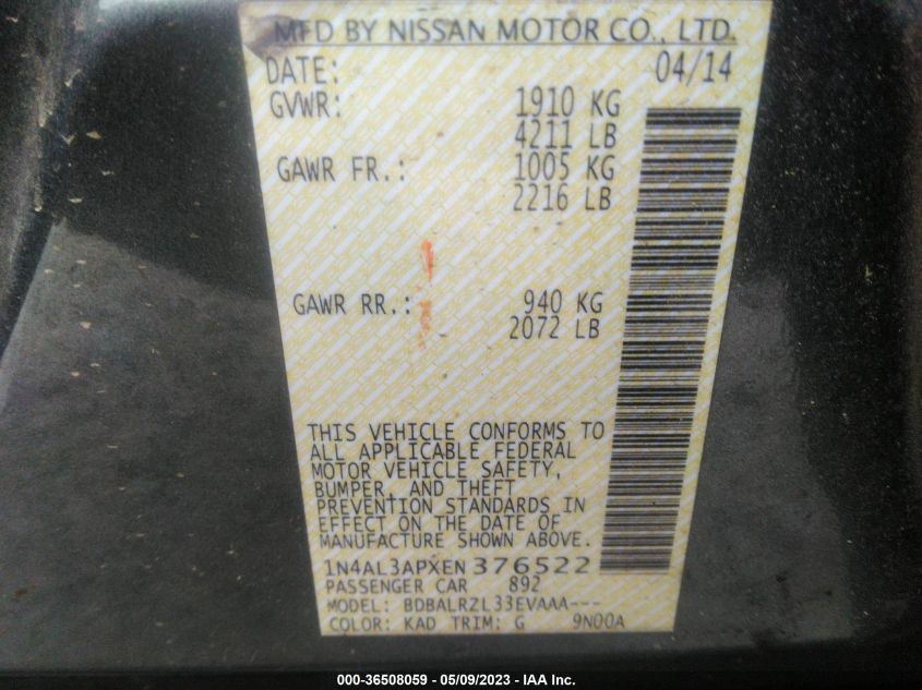 2014 NISSAN ALTIMA 2.5 - 1N4AL3APXEN376522
