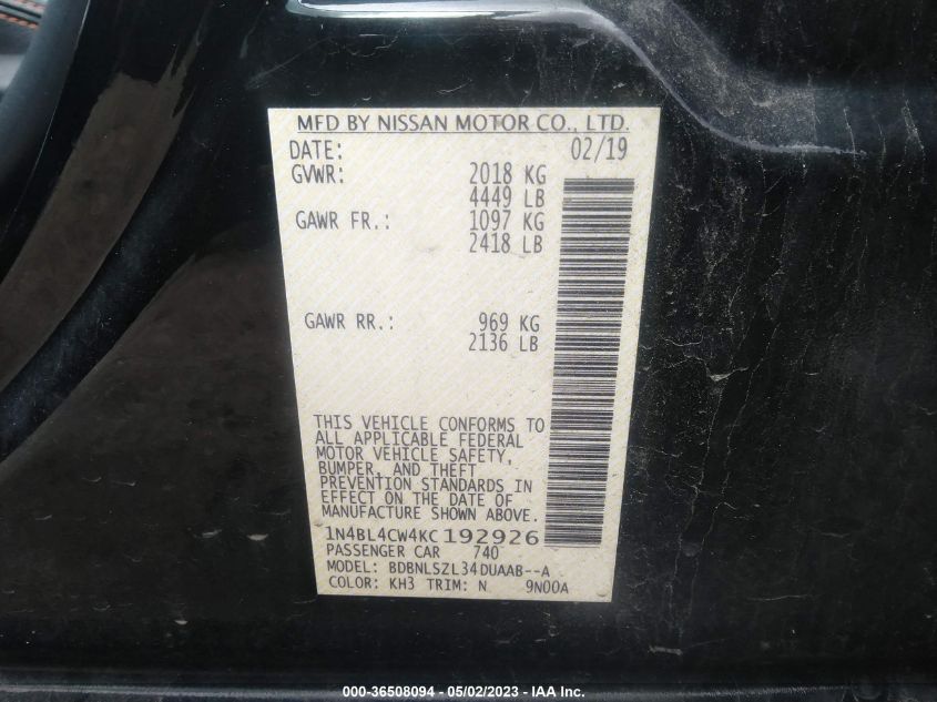 2019 NISSAN ALTIMA 2.5 SR - 1N4BL4CW4KC192926