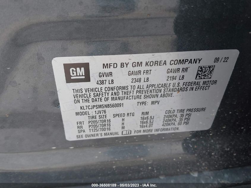2022 CHEVROLET TRAX LT - KL7CJPSM5NB560091