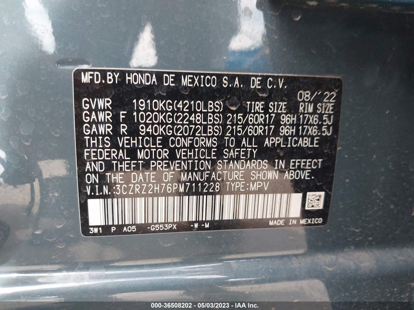 VIN 3CZRZ2H76PM711228 2023 HONDA HR-V EX-L