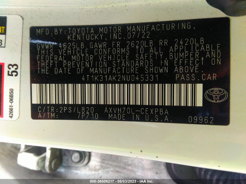 2022 TOYOTA CAMRY HYBRID XSE - 4T1K31AK2NU045331