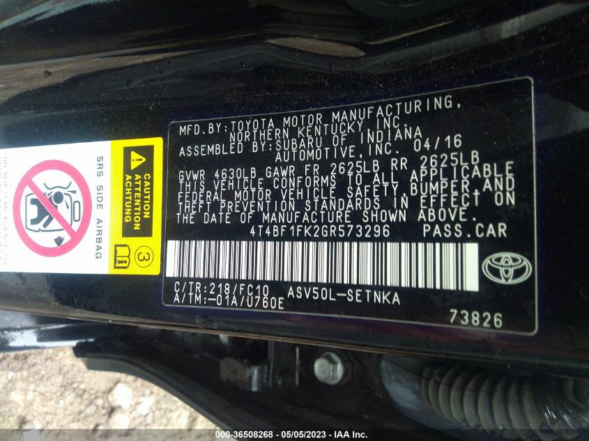 2016 TOYOTA CAMRY XLE/SE/LE/XSE - 4T4BF1FK2GR573296
