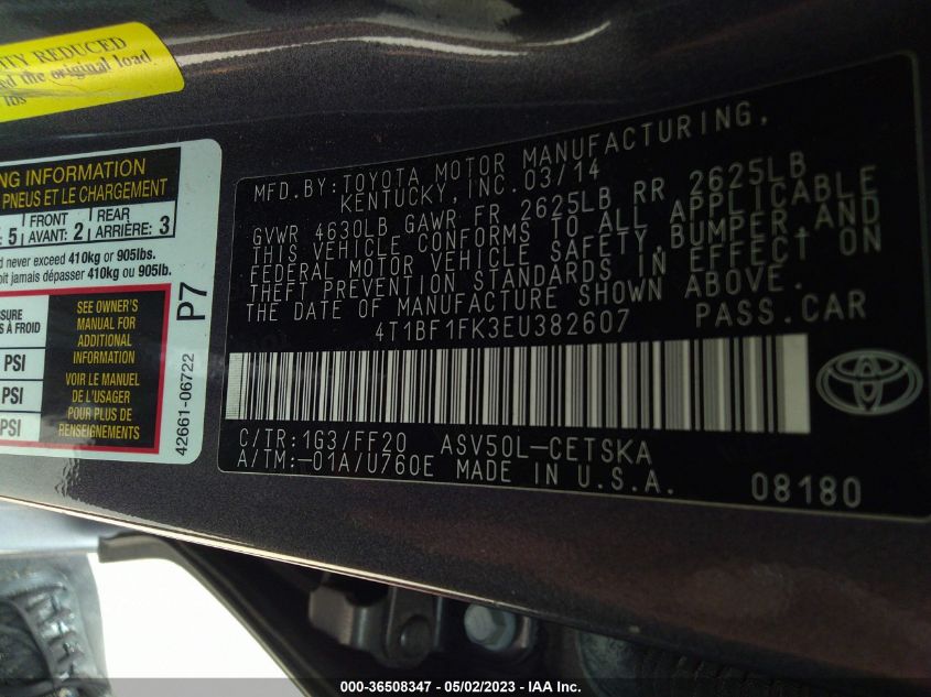 2014 TOYOTA CAMRY L/LE/XLE/SE/SE SPORT - 4T1BF1FK3EU382607
