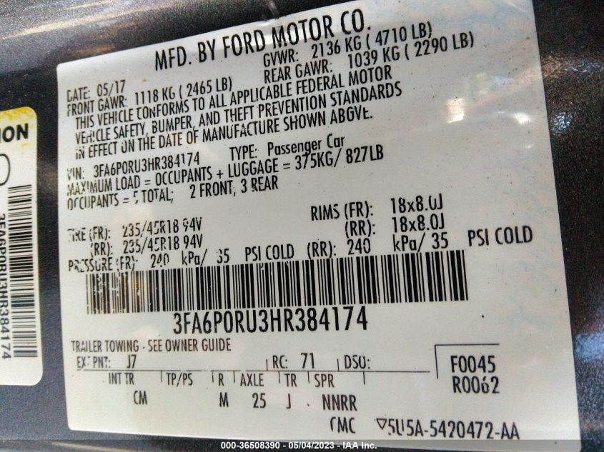 2017 FORD FUSION HYBRID - 3FA6P0RU3HR384174