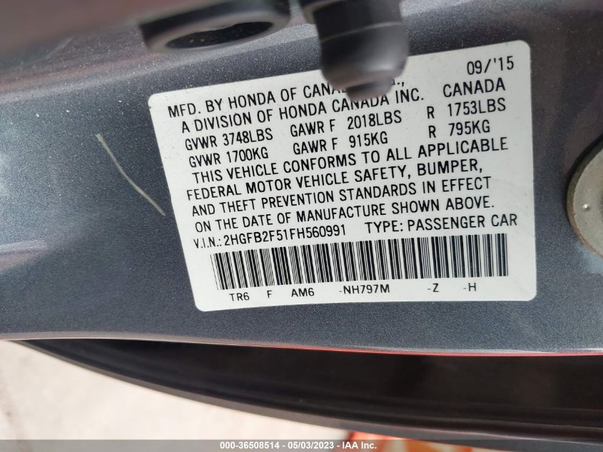 2015 HONDA CIVIC SEDAN LX - 2HGFB2F51FH560991