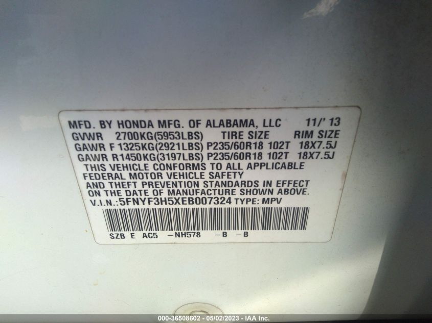 2014 HONDA PILOT EX-L - 5FNYF3H5XEB007324