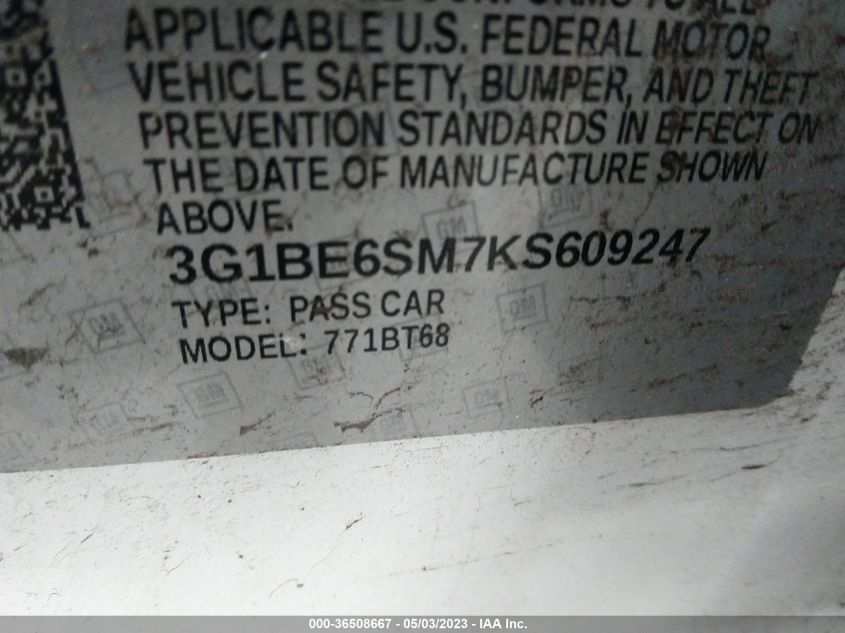 2019 CHEVROLET CRUZE LT - 3G1BE6SM7KS609247