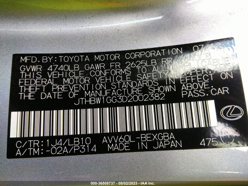 2013 LEXUS ES 300H HYBRID - JTHBW1GG3D2002382