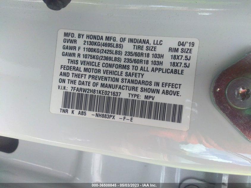 VIN 7FARW2H81KE021637 2019 HONDA CR-V EX-L