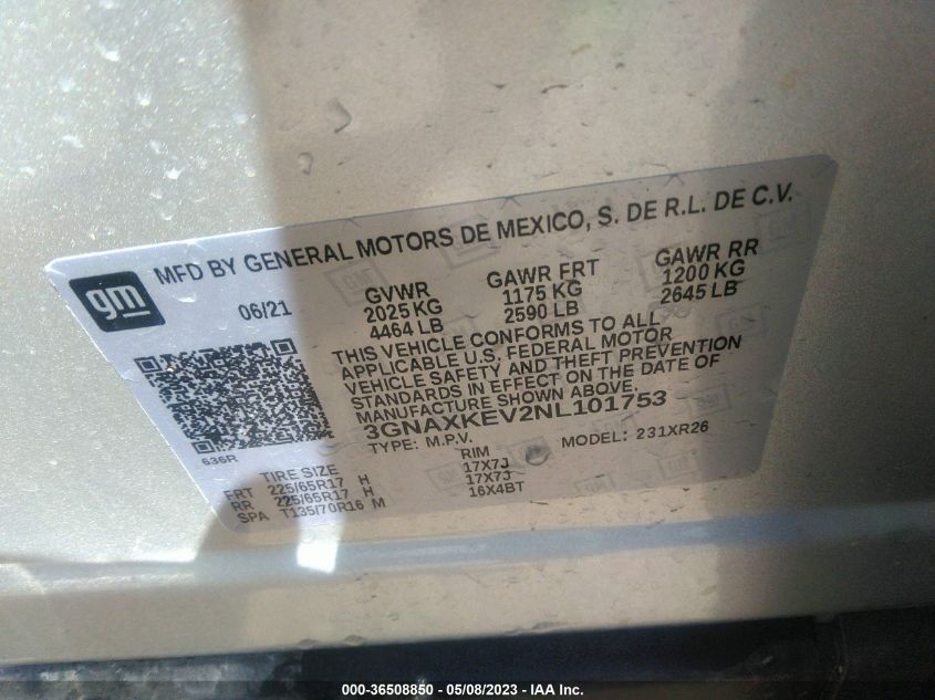 2022 CHEVROLET EQUINOX LT - 3GNAXKEV2NL101753