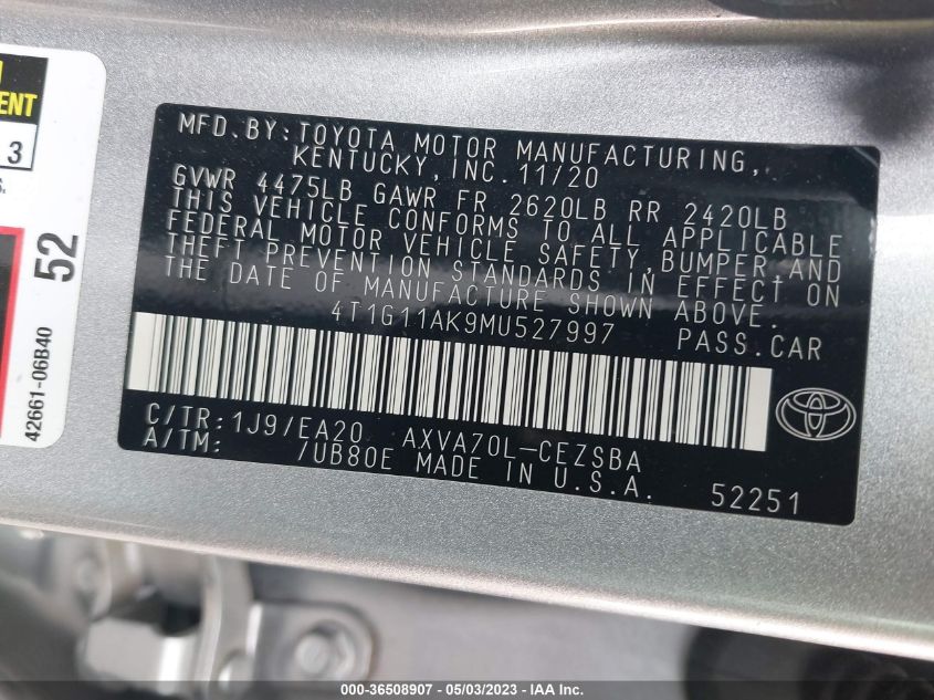 2021 TOYOTA CAMRY SE - 4T1G11AK9MU527997