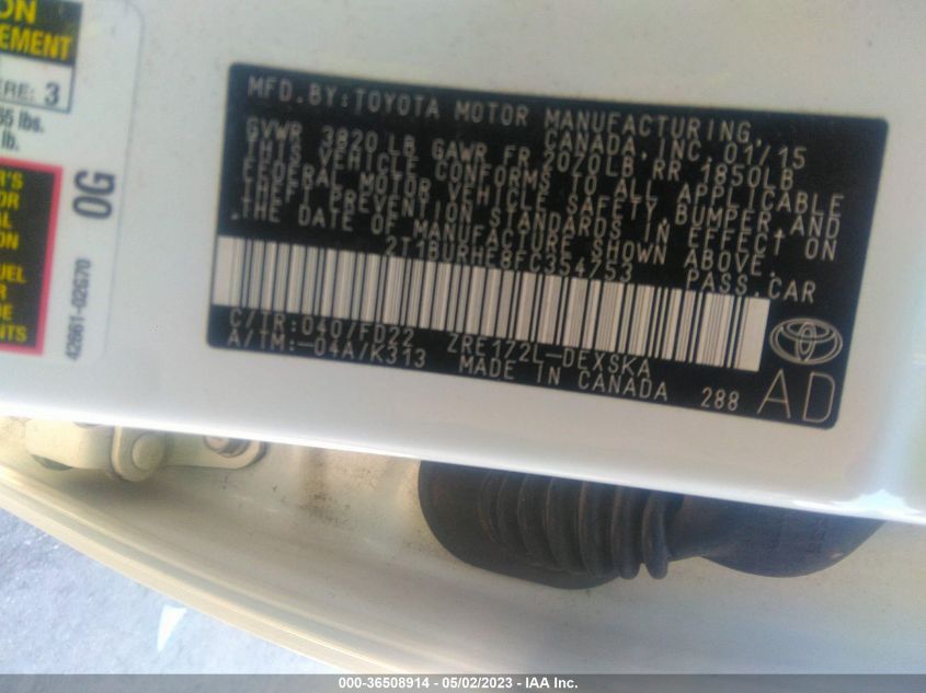 2015 TOYOTA COROLLA L/LE/S/S PLUS/LE PLUS - 2T1BURHE8FC354753