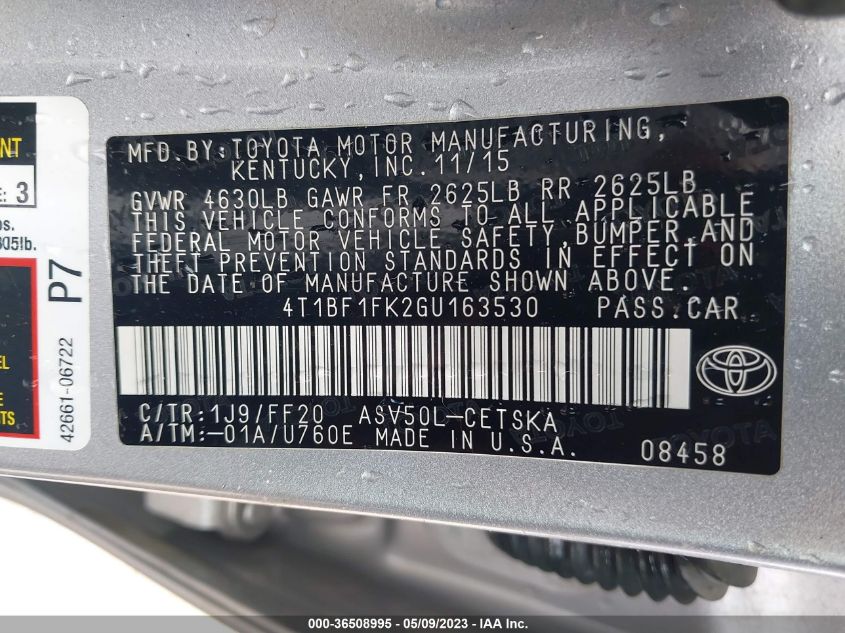 2016 TOYOTA CAMRY XLE/SE/LE/XSE - 4T1BF1FK2GU163530