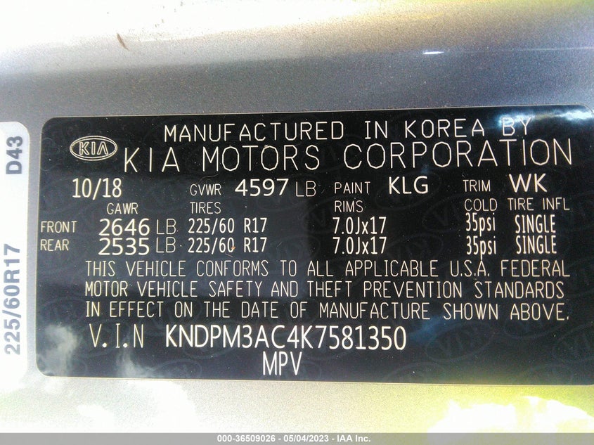 VIN KNDPM3AC4K7581350 2019 KIA SPORTAGE LX