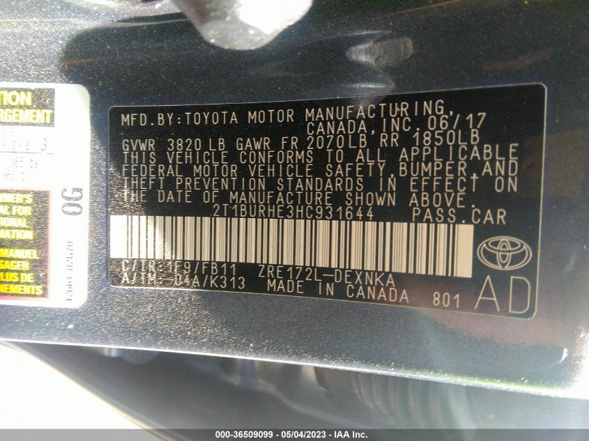 2017 TOYOTA COROLLA L/LE/XLE/SE - 2T1BURHE3HC931644