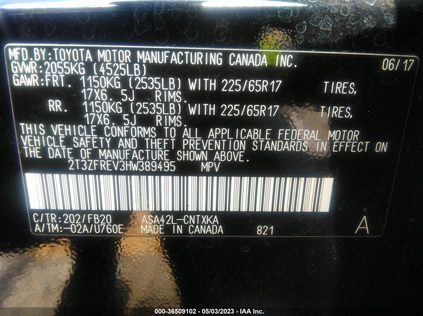 VIN 2T3ZFREV3HW389495 2017 TOYOTA RAV4 LE