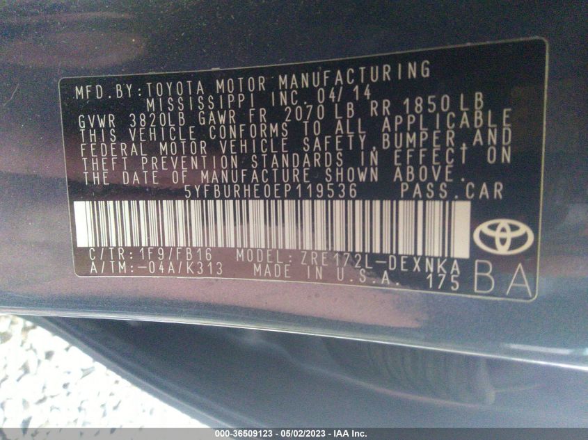 2014 TOYOTA COROLLA LE - 5YFBURHE0EP119536