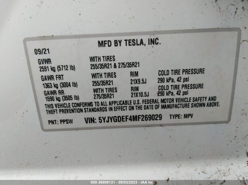 2021 TESLA MODEL Y PERFORMANCE - 5YJYGDEF4MF269029