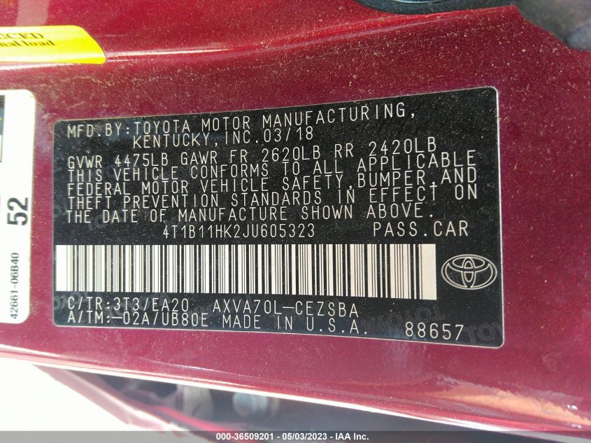 2018 TOYOTA CAMRY LE/SE/XLE/L - 4T1B11HK2JU605323