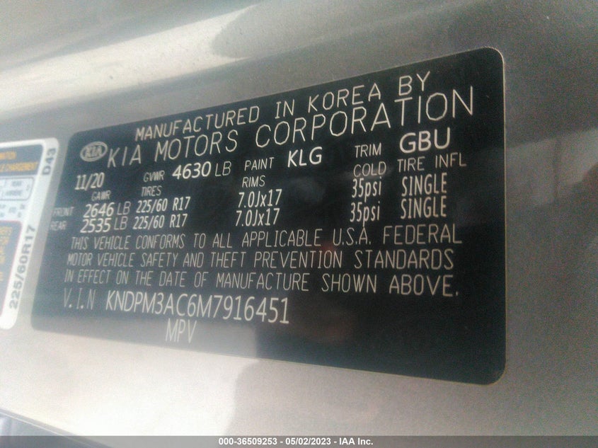 VIN KNDPM3AC6M7916451 2021 KIA SPORTAGE LX