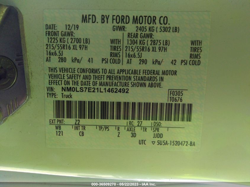 2020 FORD TRANSIT CONNECT VAN XL - NM0LS7E21L1462492