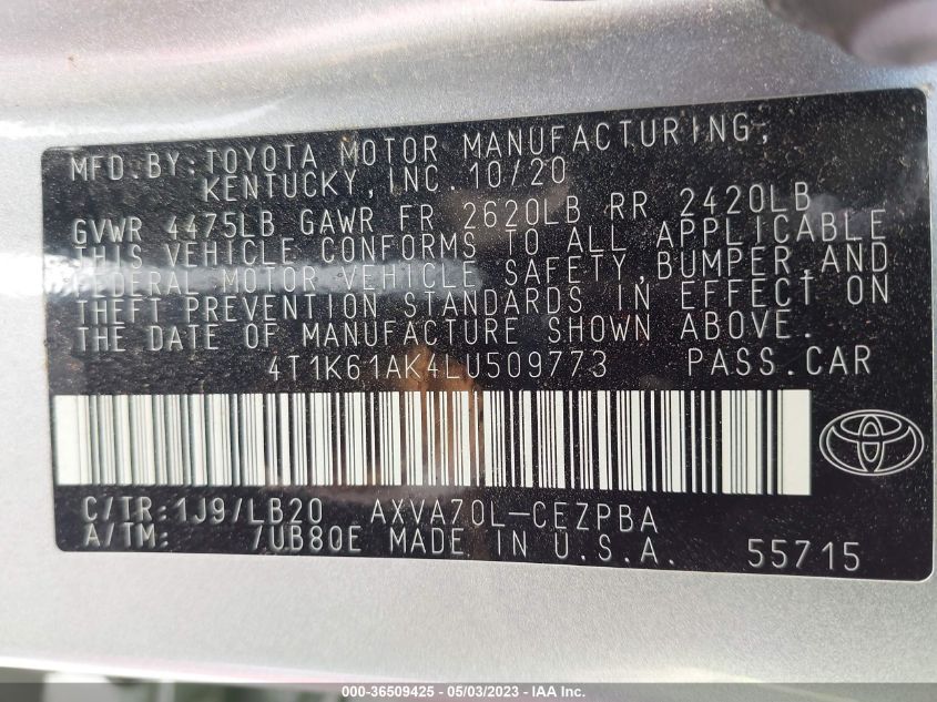 2020 TOYOTA CAMRY XSE - 4T1K61AK4LU509773