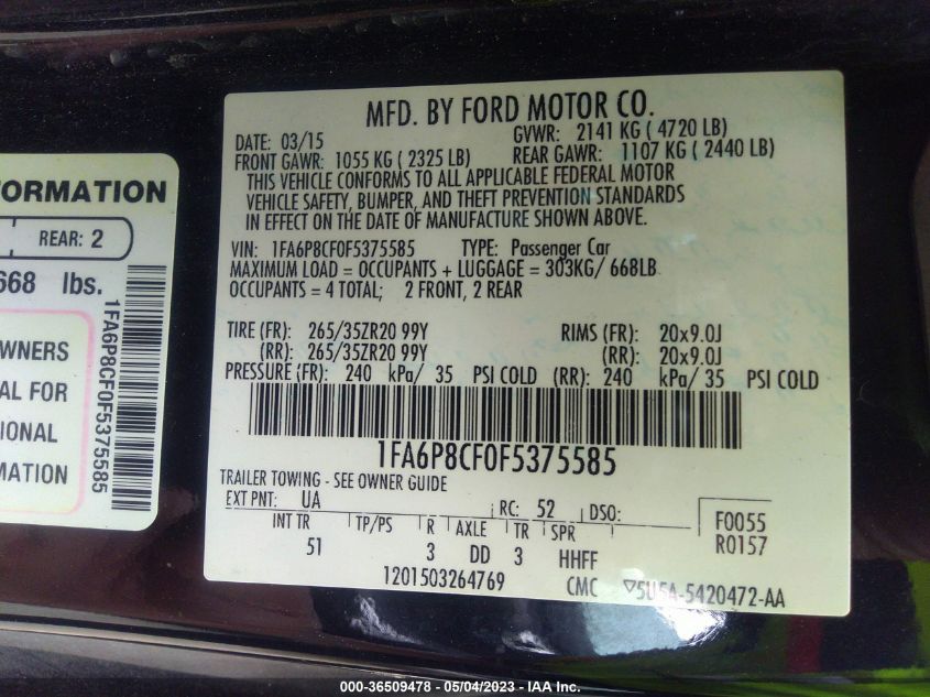 2015 FORD MUSTANG GT - 1FA6P8CF0F5375585