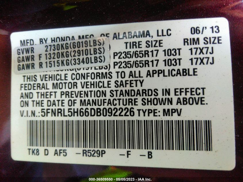 2013 HONDA ODYSSEY EX-L - 5FNRL5H66DB092226