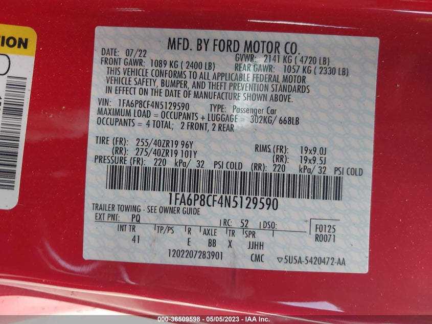 VIN 1FA6P8CF4N5129590 2022 FORD MUSTANG GT