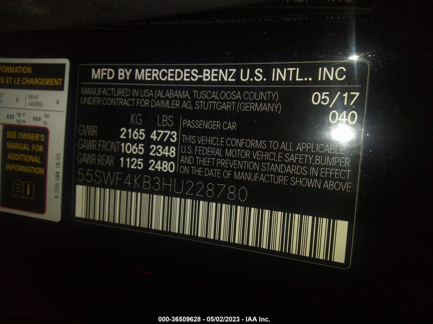 VIN 55SWF4KB3HU228780 2017 MERCEDES-BENZ C-CLASS C 300