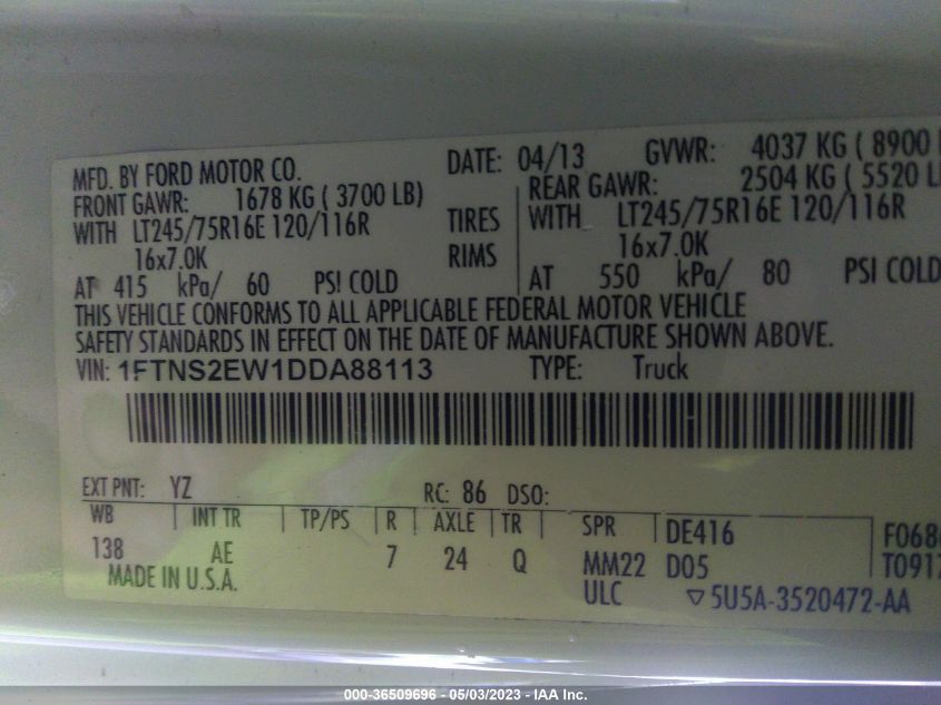 2013 FORD ECONOLINE CARGO VAN COMMERCIAL/RECREATIONAL 1FTNS2EW1DDA88113
