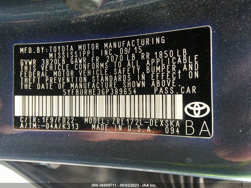 2016 TOYOTA COROLLA L/LE/S/S PLUS/LE PLUS - 5YFBURHE3GP389654