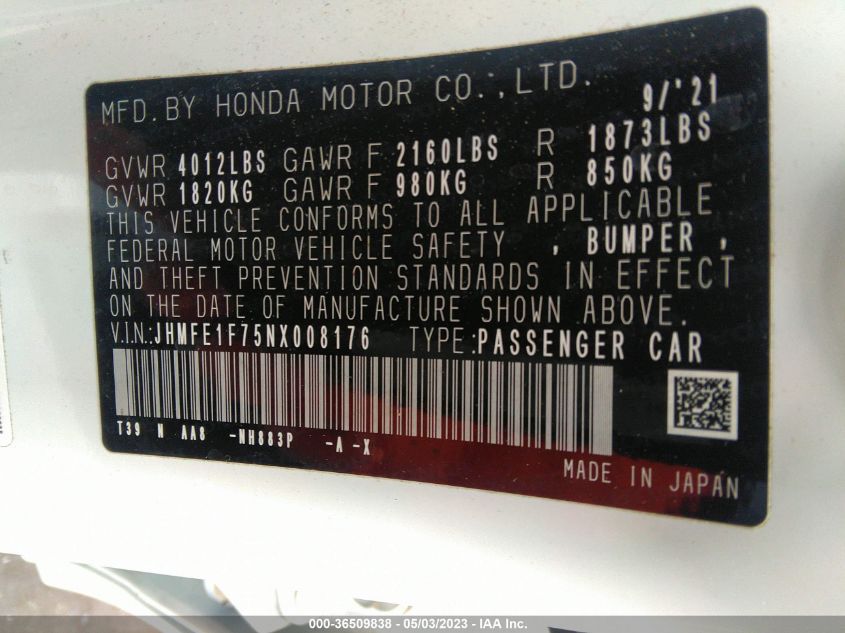 2022 HONDA CIVIC SEDAN EX - JHMFE1F75NX008176