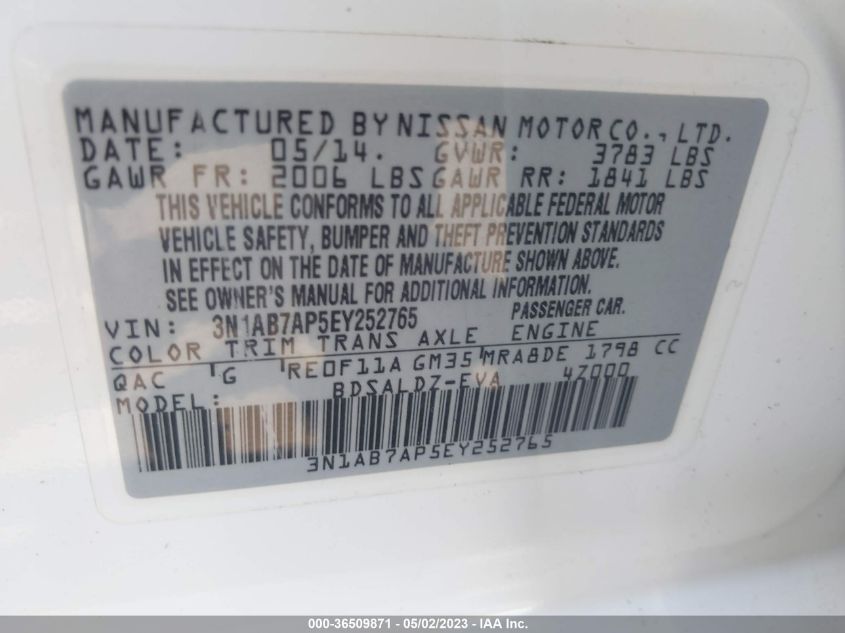 2014 NISSAN SENTRA S/FE+ S/SV/FE+ SV/SR/SL - 3N1AB7AP5EY252765