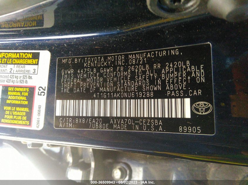 2022 TOYOTA CAMRY SE - 4T1G11AK0NU619288
