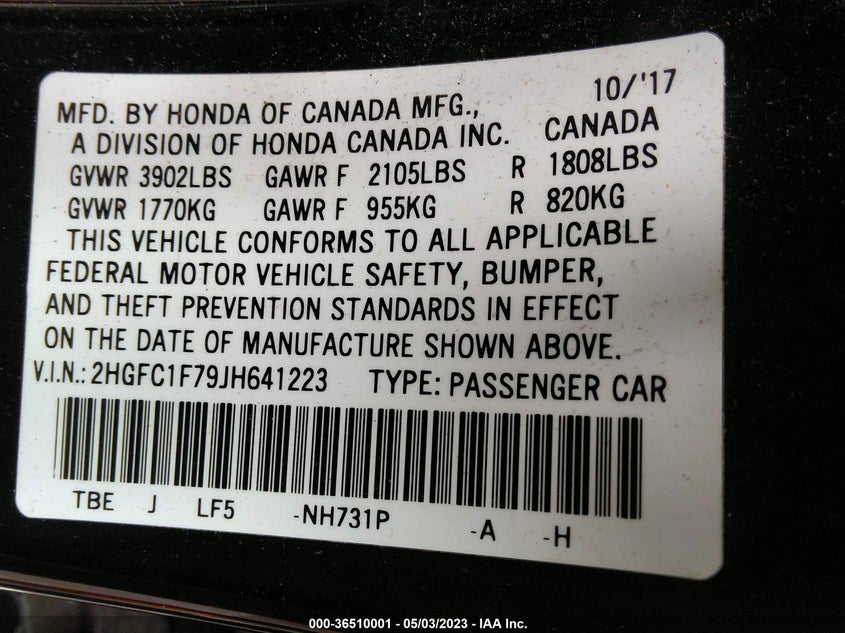 VIN 2HGFC1F79JH641223 2018 HONDA CIVIC SEDAN EX-L