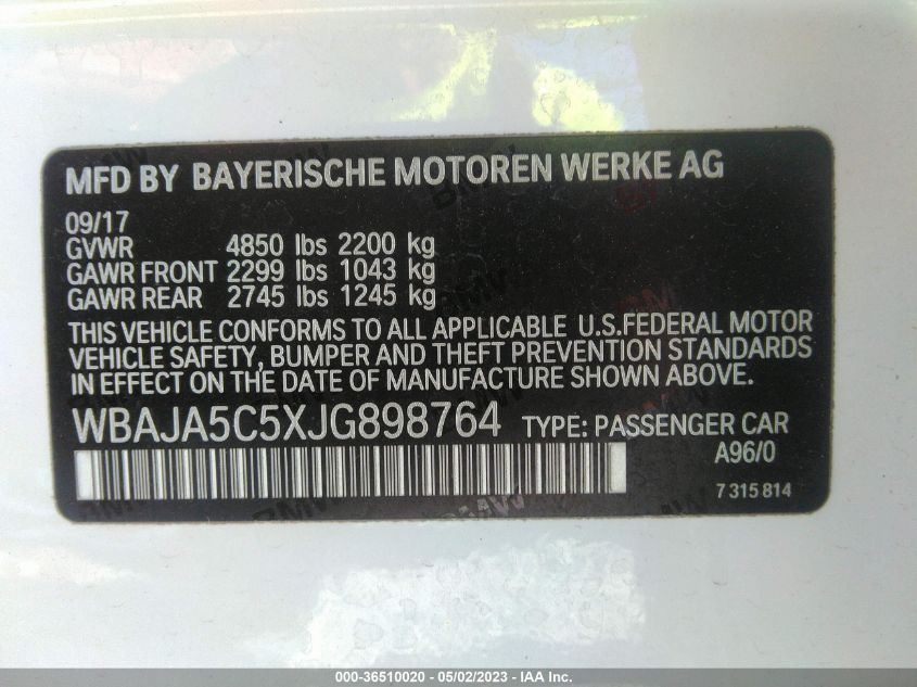 2018 BMW 5 SERIES 530I - WBAJA5C5XJG898764