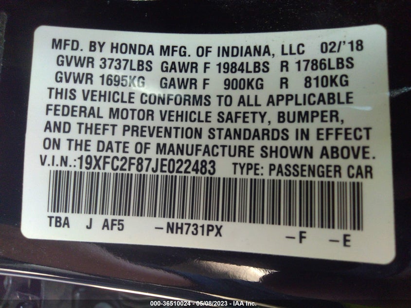 VIN 19XFC2F87JE022483 2018 HONDA CIVIC SEDAN EX