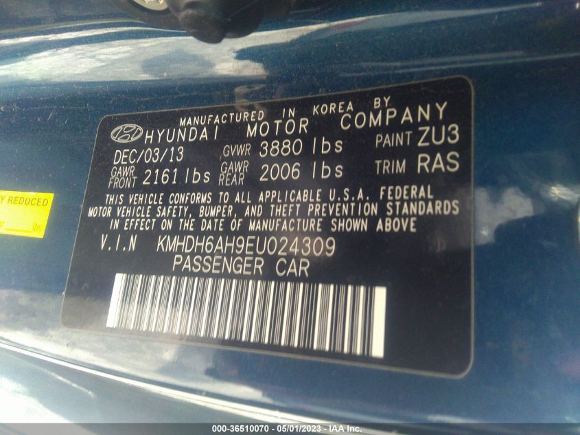 2014 HYUNDAI ELANTRA COUPE KMHDH6AH9EU024309