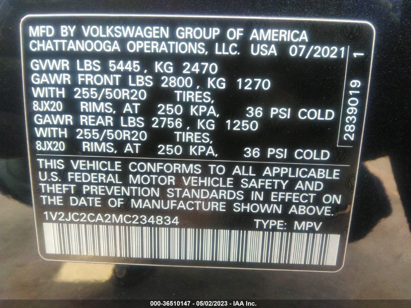 2021 VOLKSWAGEN ATLAS CROSS SPORT 2.0T SE W/TECHNOLOGY - 1V2JC2CA2MC234834