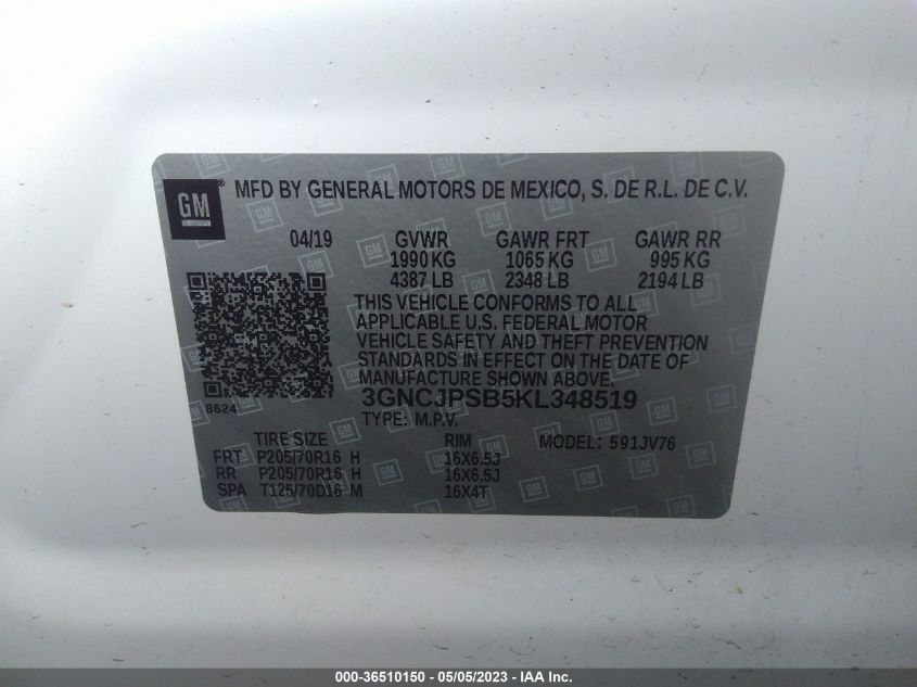 2019 CHEVROLET TRAX LT - 3GNCJPSB5KL348519